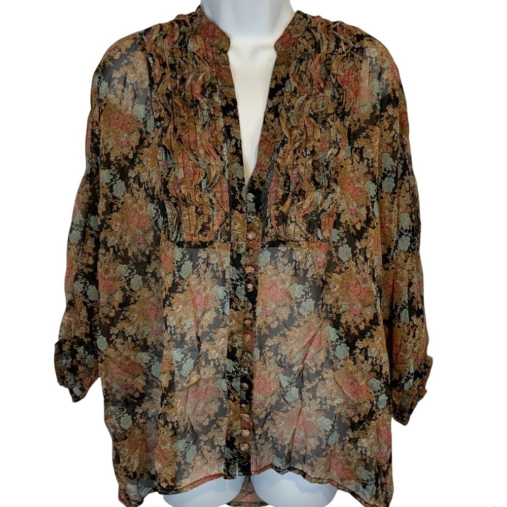 Buffalo David Bitton Sheer Black Floral Top NWT